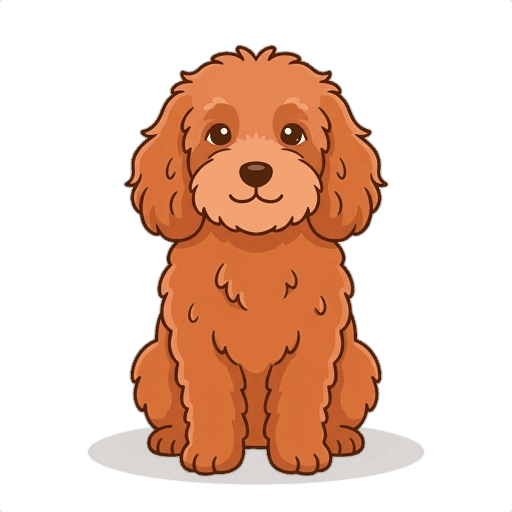 The same cockapoo drawn as a Meo character: sitting, curly red coat, long floppy ears