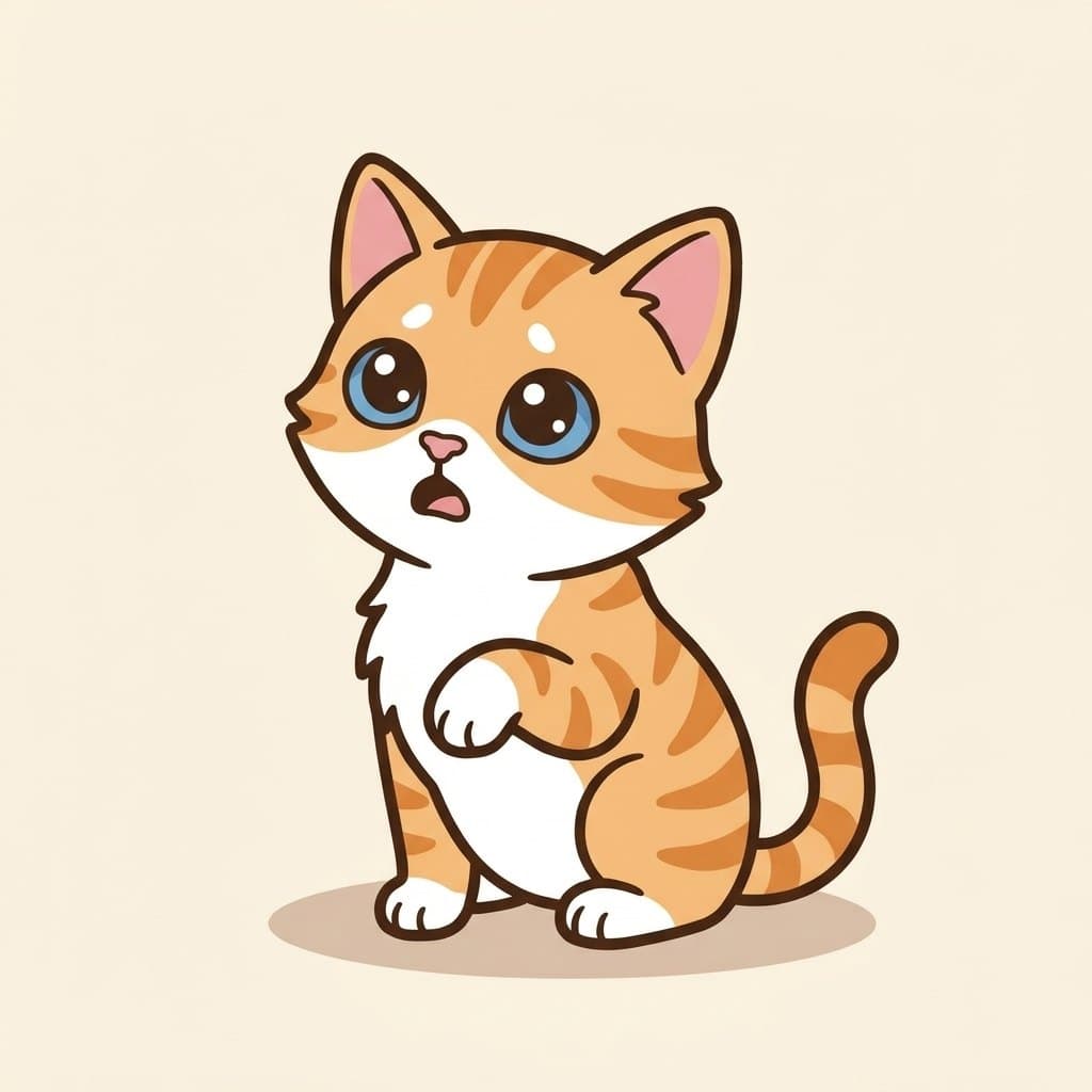 Oliver, an orange tabby cat drawn as a Meo character, looking up hopefully for his dinner