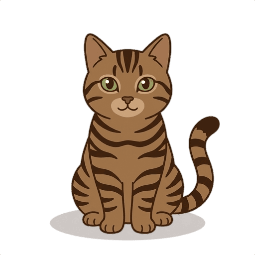 The same tabby drawn as a Meo character: sitting upright, green eyes, striped tail